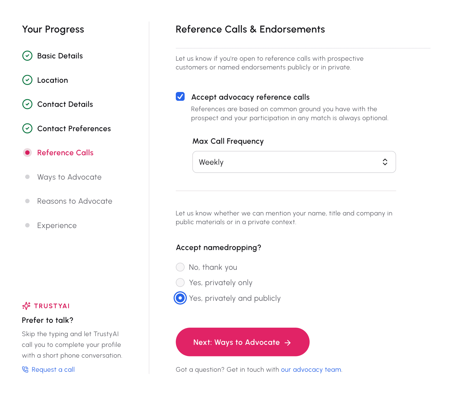 Advocate profile setup flow with reference call and consent preferences