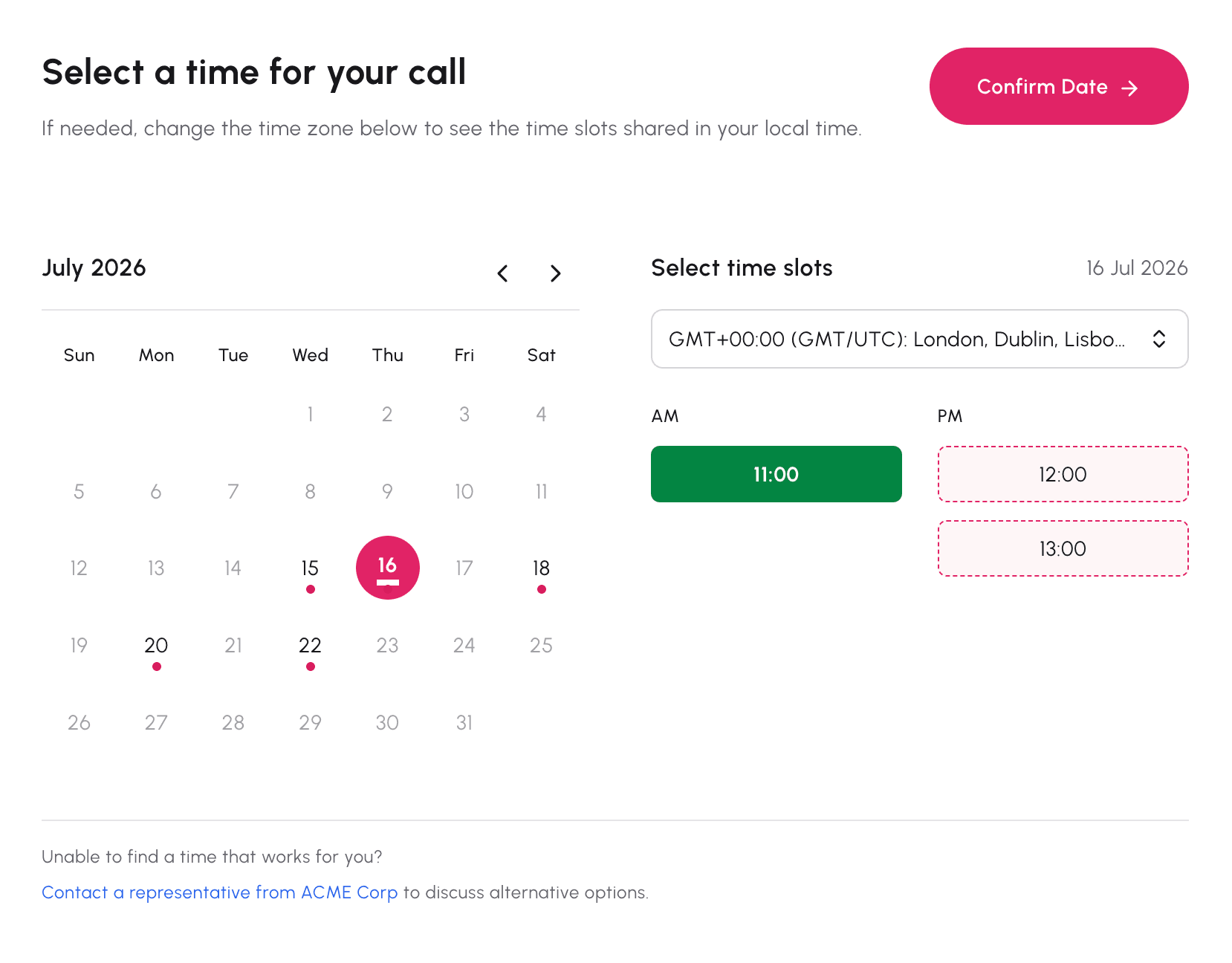 Reference Call Scheduler showing available time slots for a reference call with Ravi Tejahanda Bharadwaj