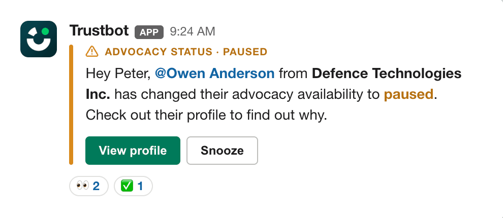 Slack alert notifying that Owen Anderson's advocacy availability has changed to paused