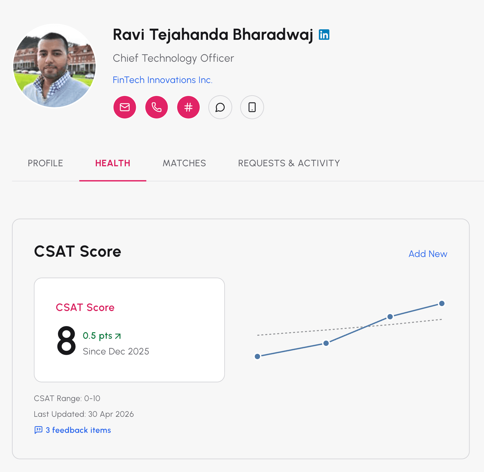 Advocate profile showing CSAT score trend and feedback