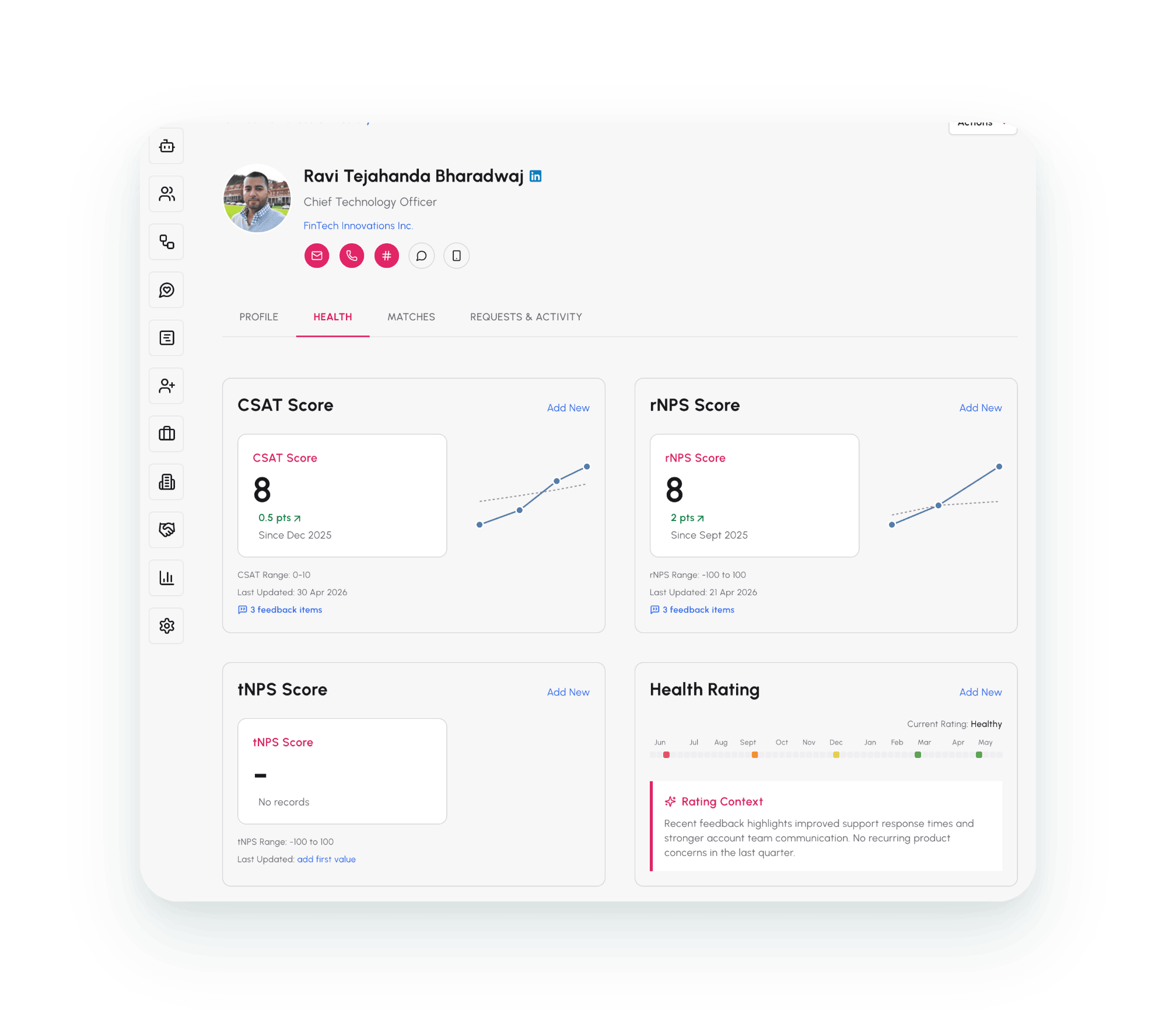 Advocate profile showing CSAT, rNPS, tNPS scores and health rating