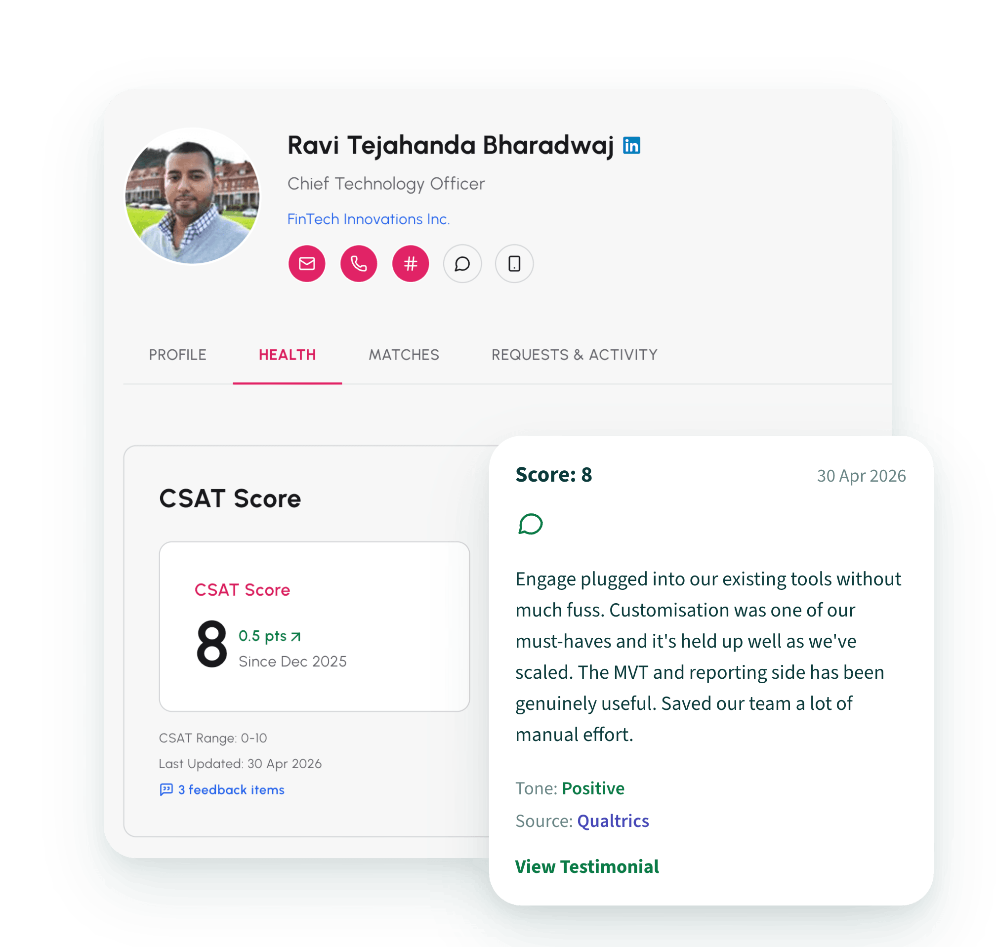 Advocate profile with CSAT score and a positive Qualtrics feedback card