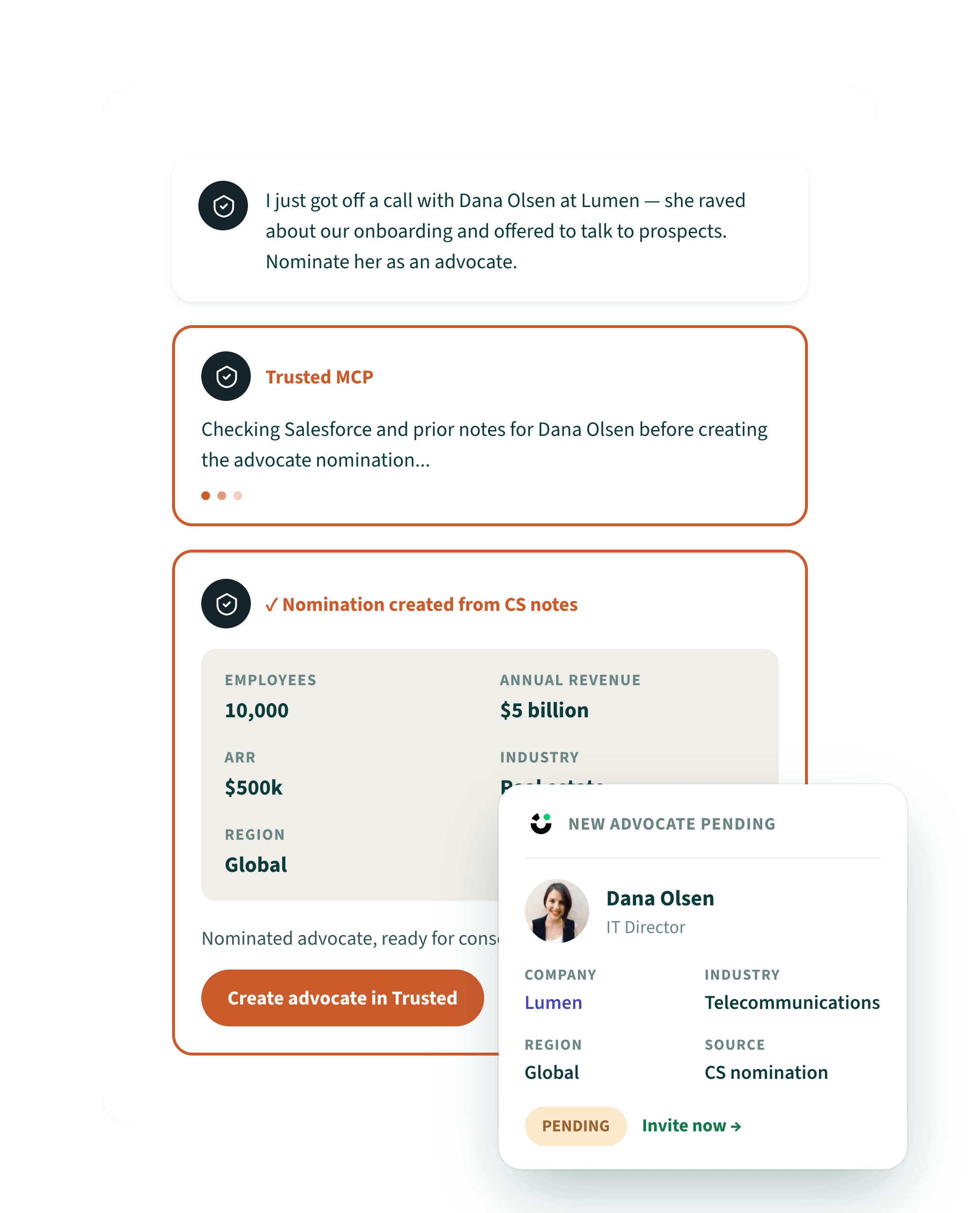 Advocate nomination sent from a sales conversation via the Trusted MCP
