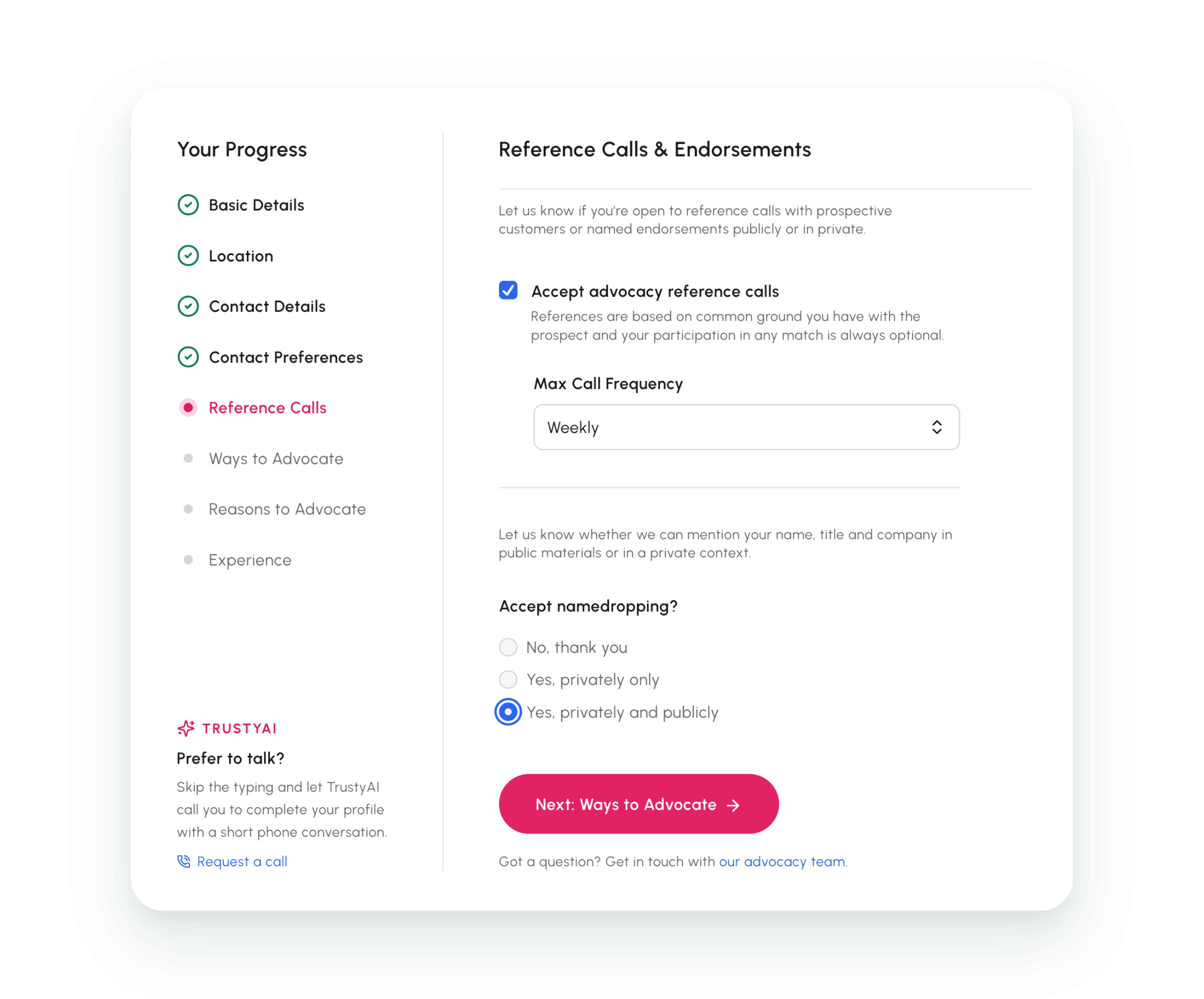 Advocate onboarding flow with reference call and consent preferences