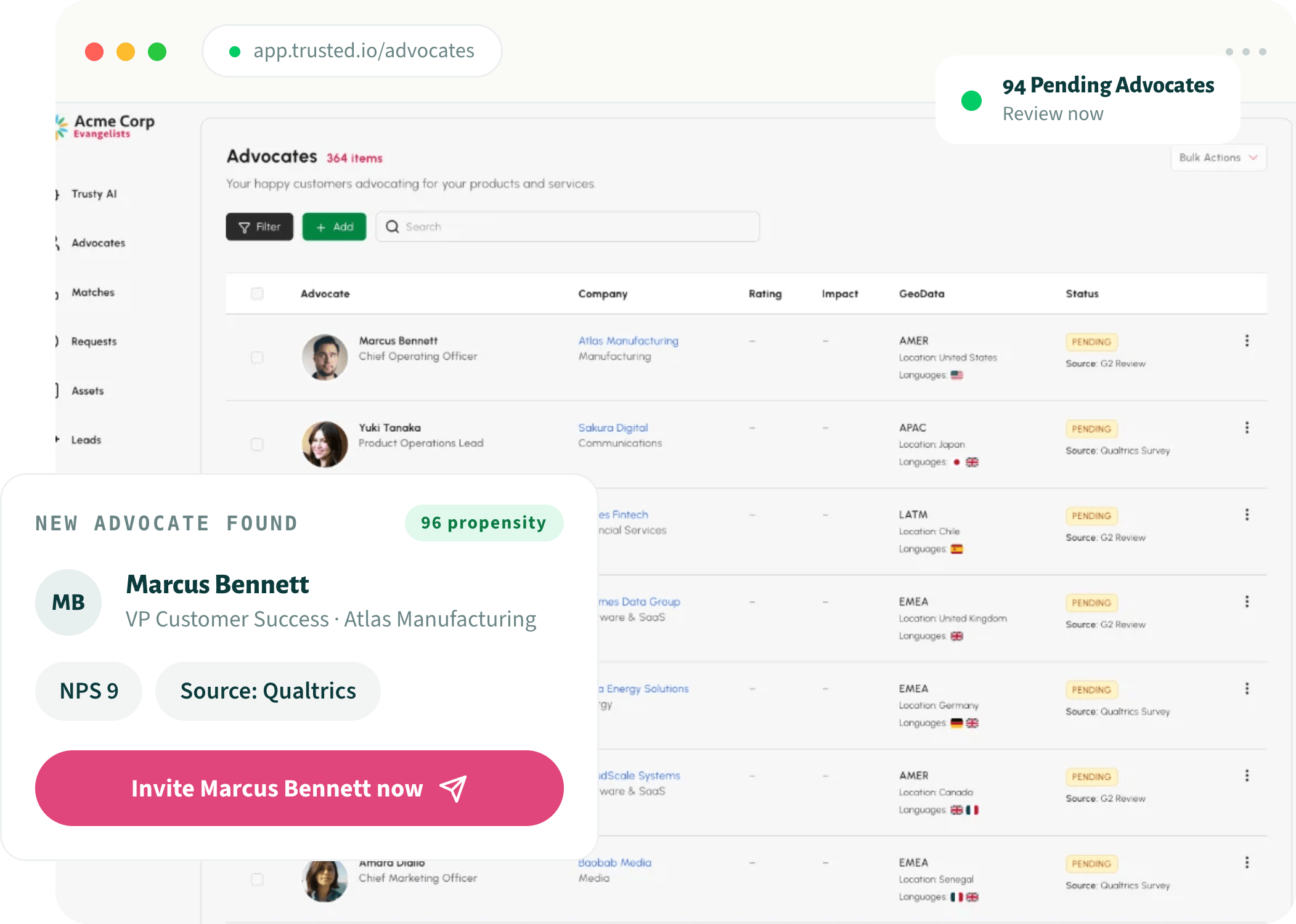 Advocates dashboard with pending advocates surfaced for review and an invite ready to send