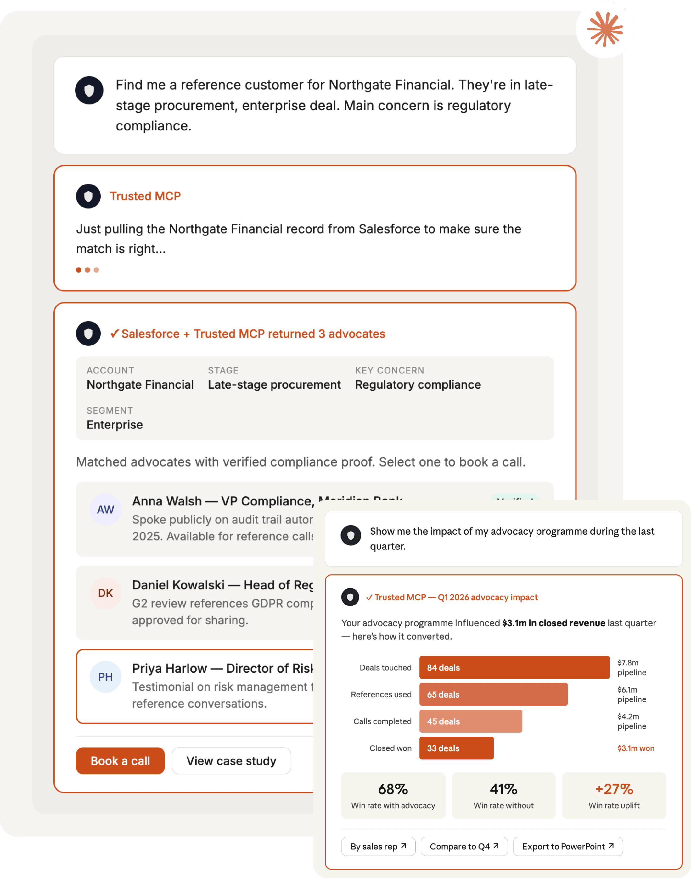 Reference customer matched via Trusted MCP inside an AI assistant, with advocacy impact