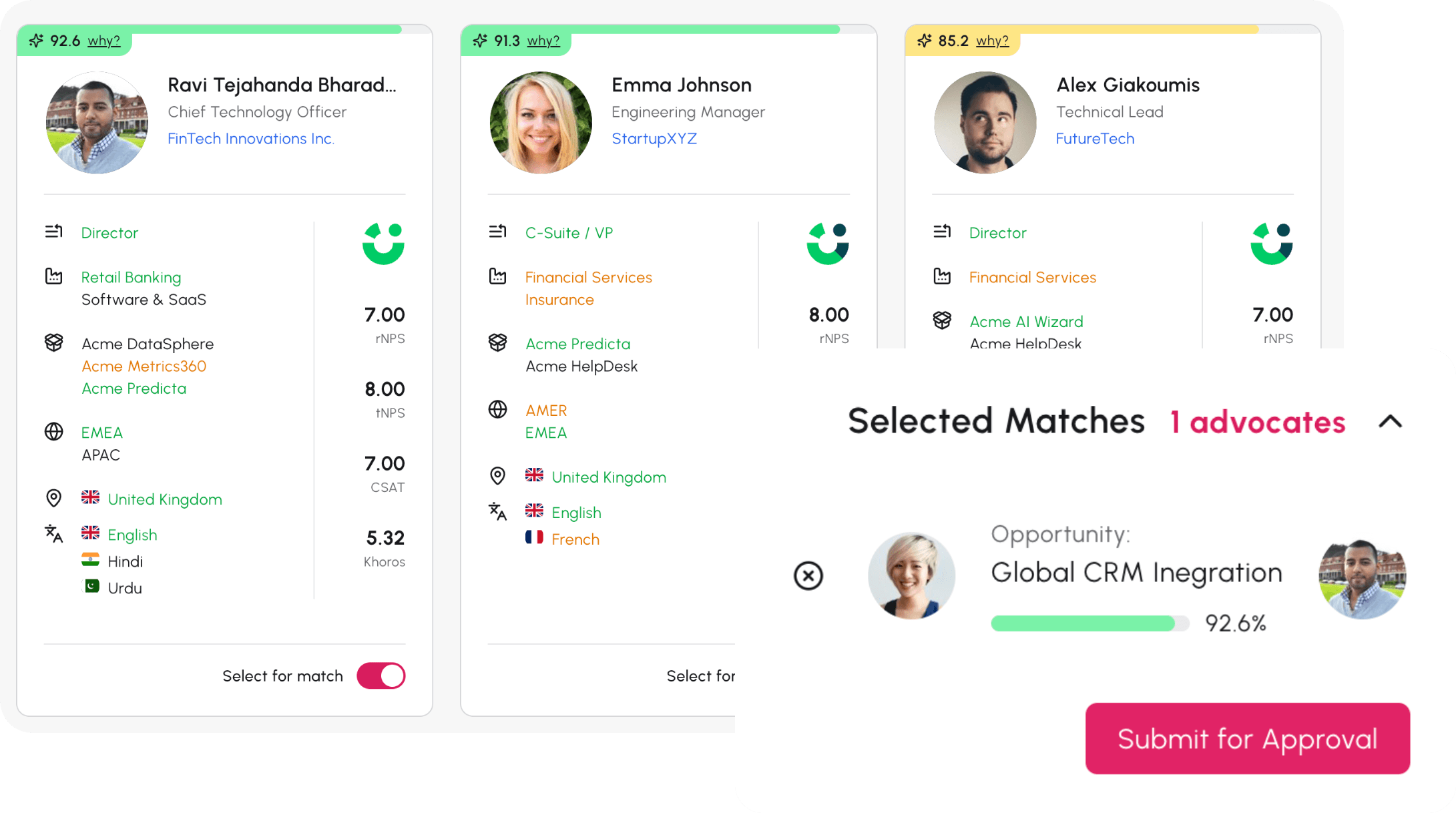 AI-ranked advocate matches with fit scores and selected matches ready to submit