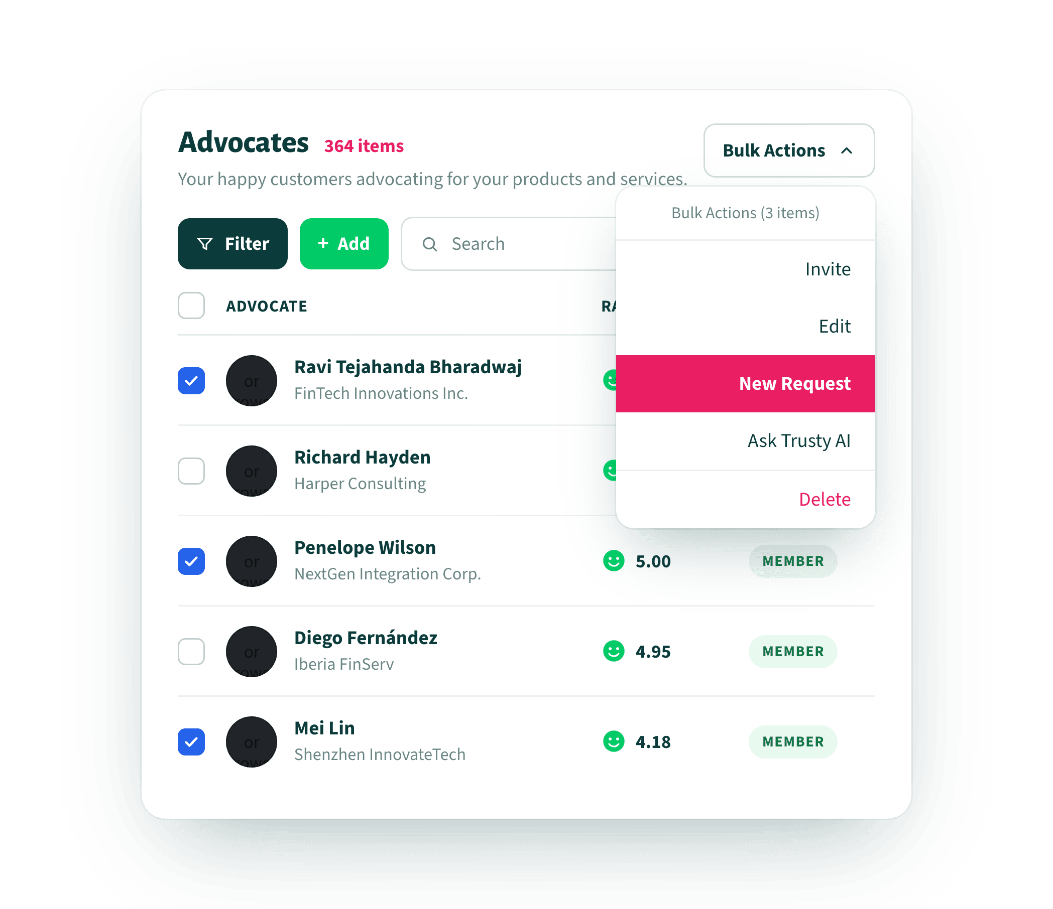 AI-powered advocate directory with filters and request statuses