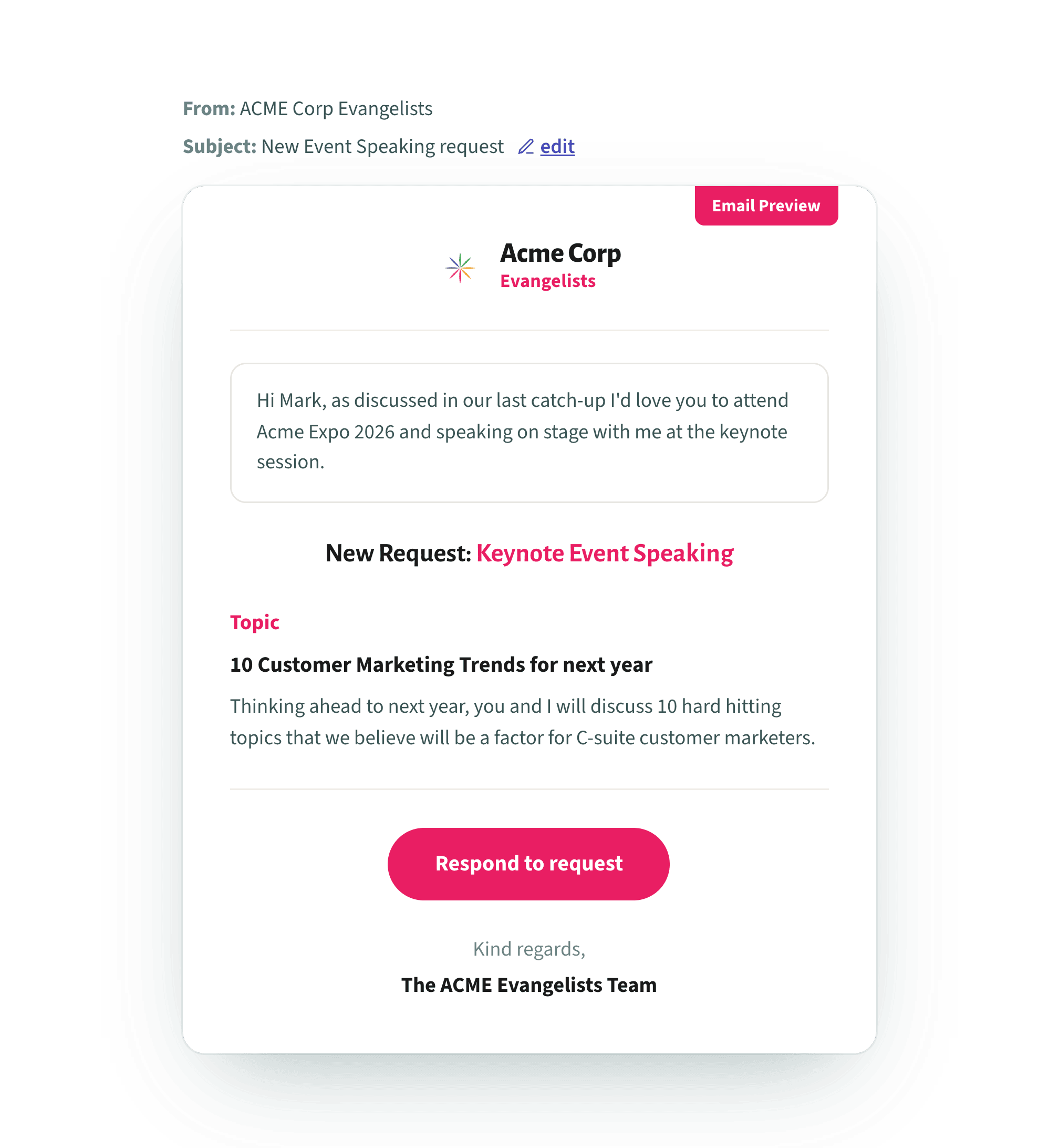 Branded request email composed and sent from Trusted