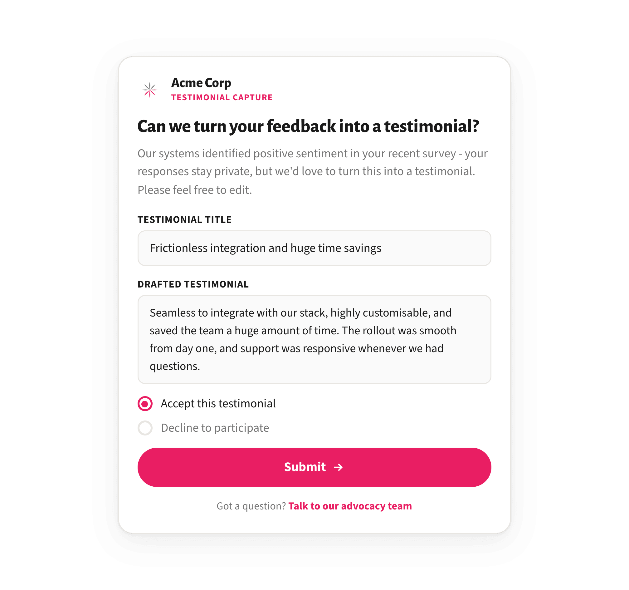 Customer conversation converted into a testimonial awaiting consent
