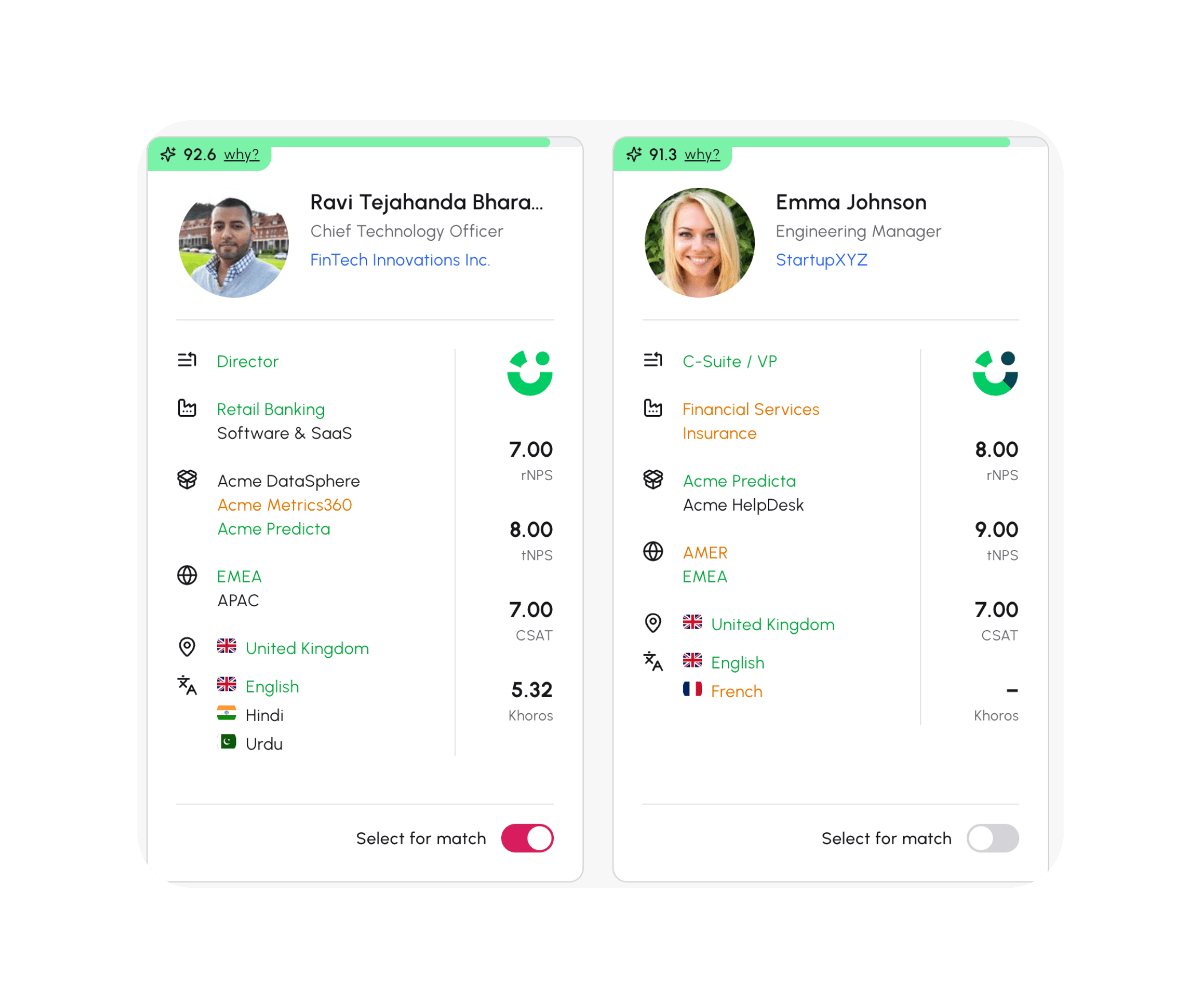 Matched advocate cards with fit score, attributes and a select-for-match toggle