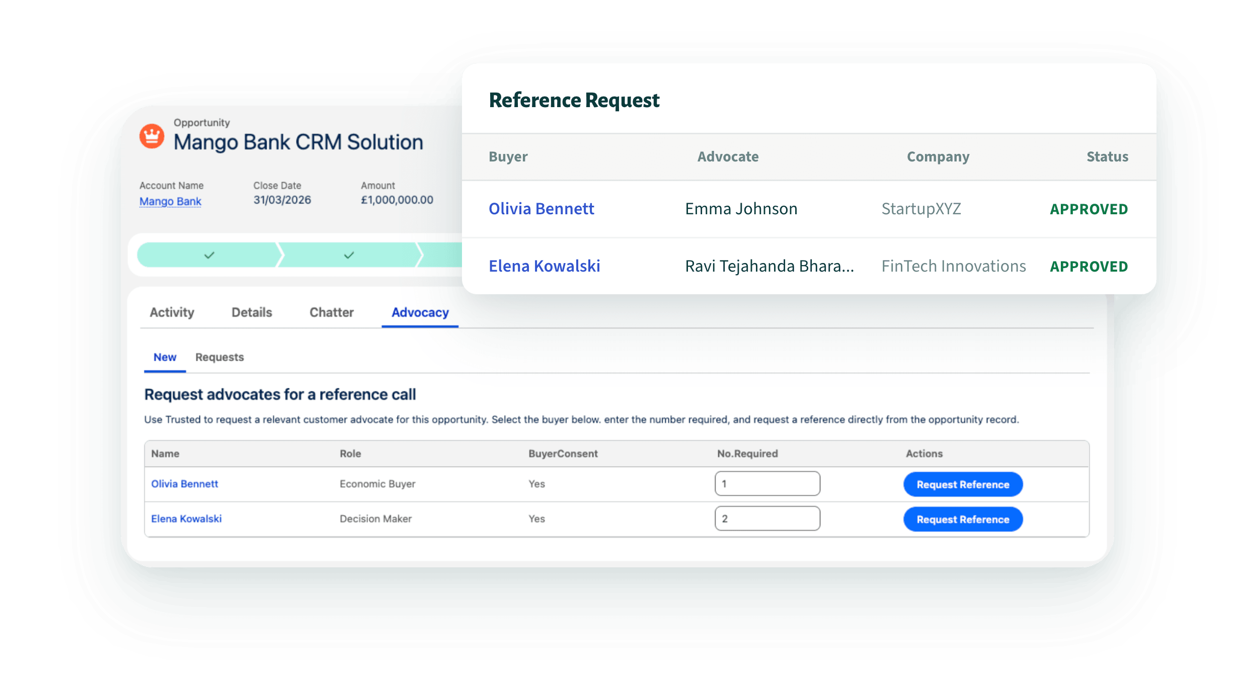 Reference request raised from a CRM opportunity and reviewed in Trusted