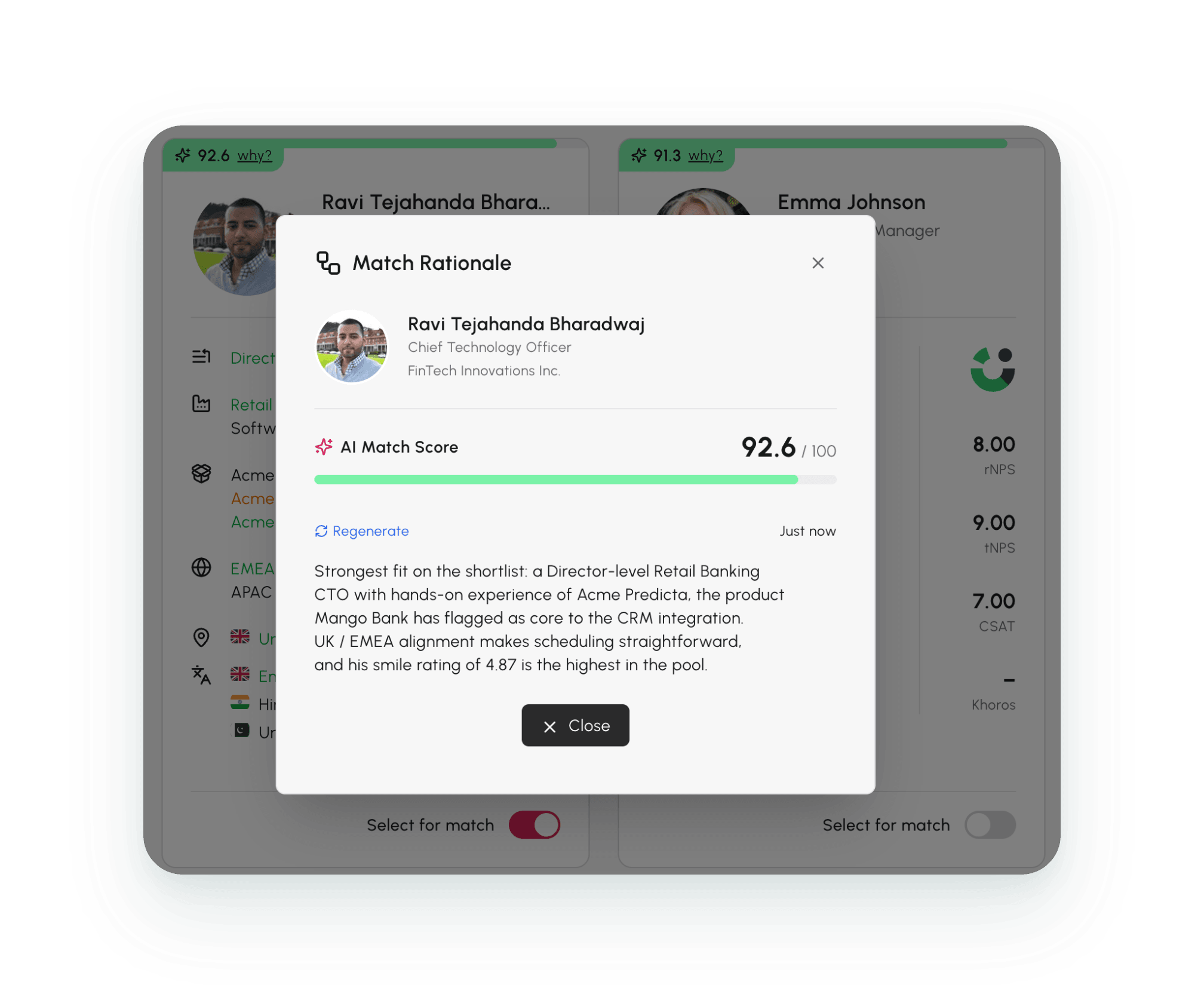 Match rationale modal showing AI match score and reasoning for a shortlisted advocate