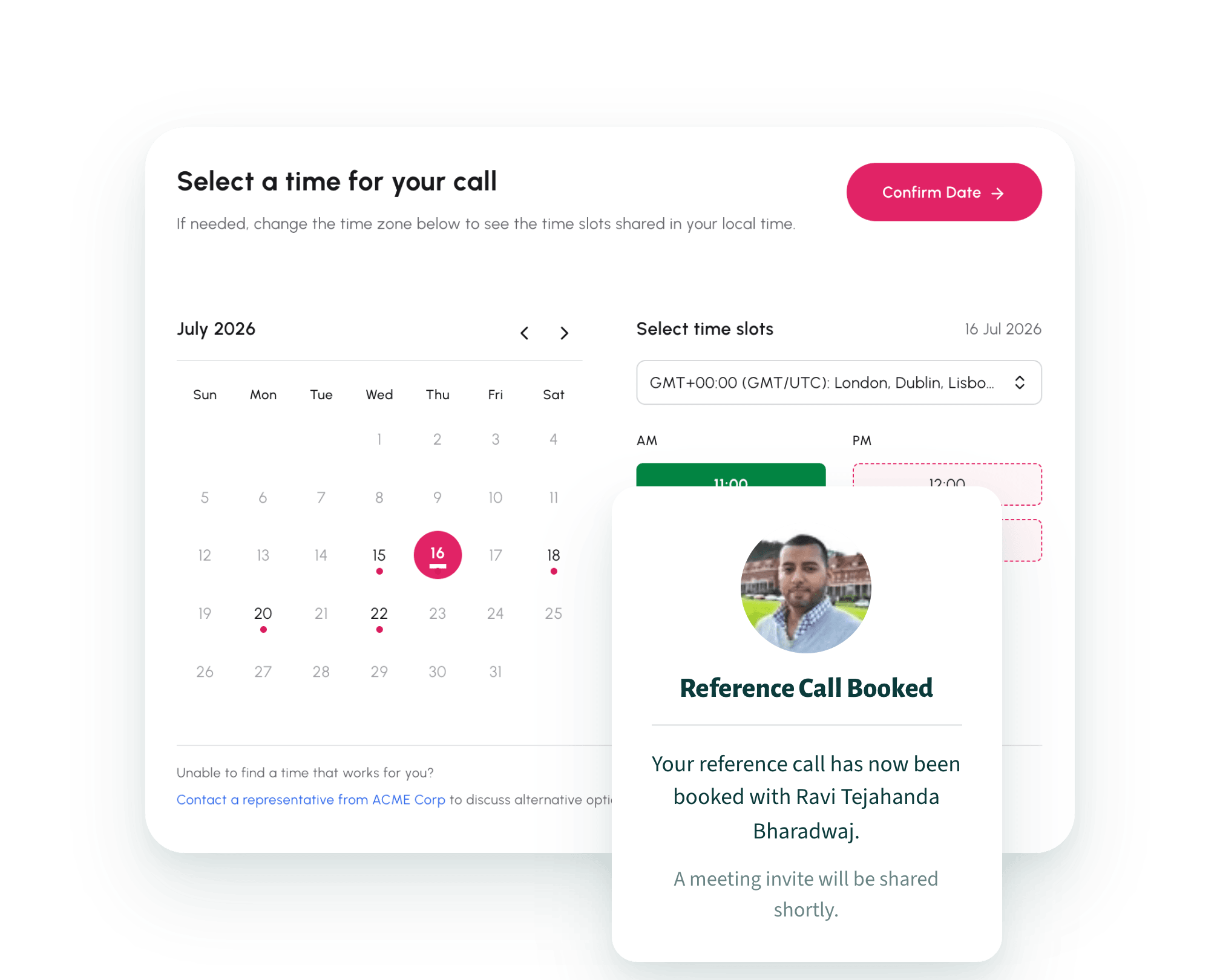 Reference call scheduler with a booked call confirmation
